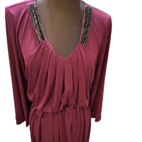 Badgley Mischka PLUM Draped Dress w/ V-Neck Embellished Beading w/Belt ( L ) NWT - Picture 11 of 16